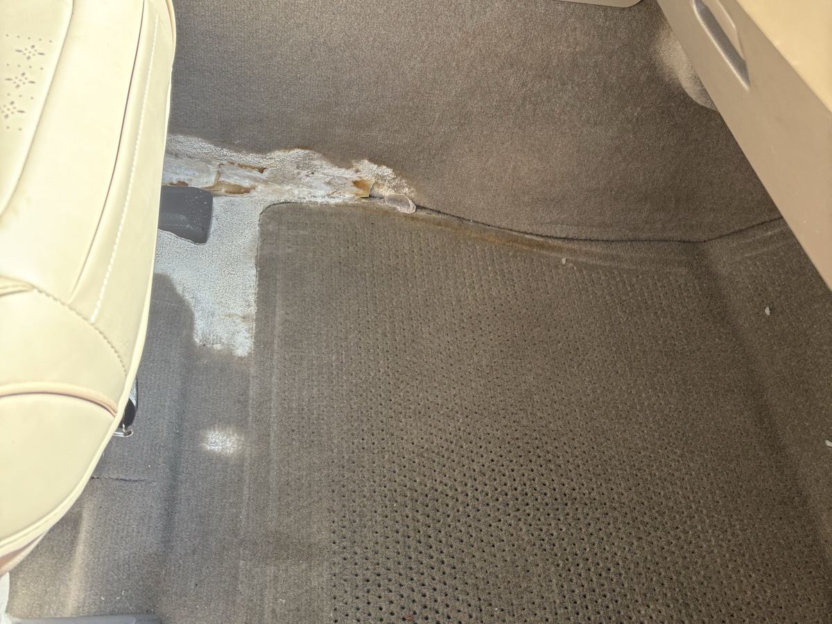 Tan front floor carpet before shampoo — a large white and rust-colored stain across the mat and carpet